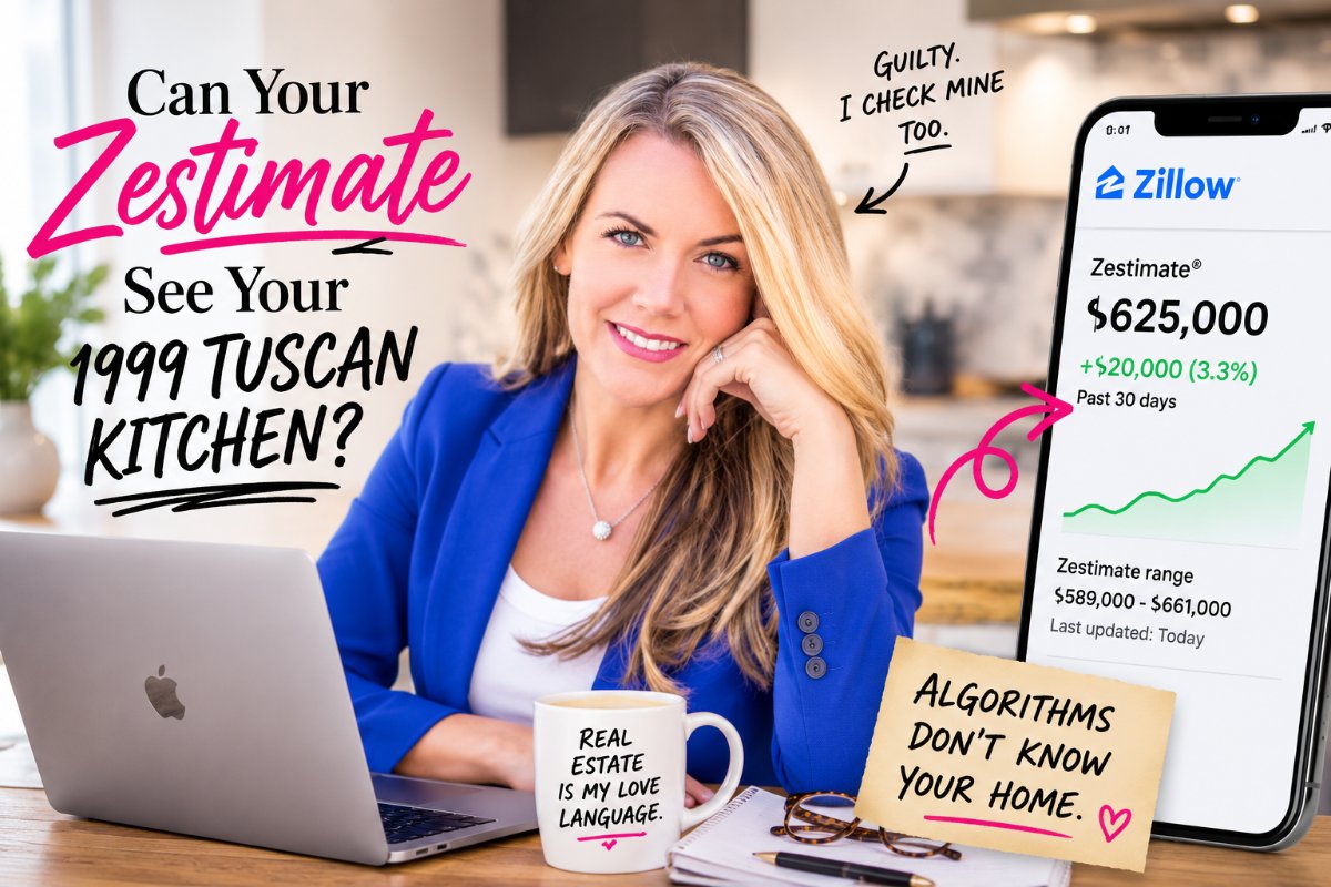 Blonde woman in blue blazer smiles at camera, holding a phone displaying a Zestimate of $625,000. Text on image about Zest...