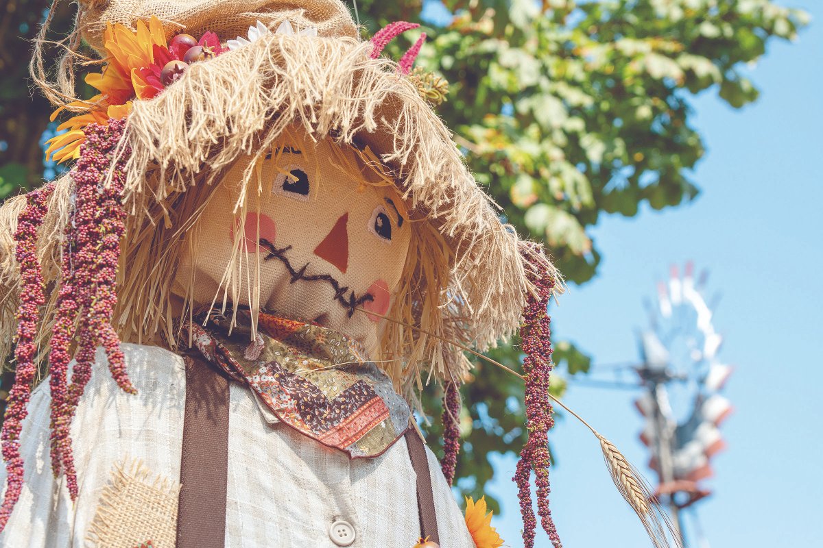 Scarecrow with straw hat and colorful decorations against a blue sky and tree backdrop.